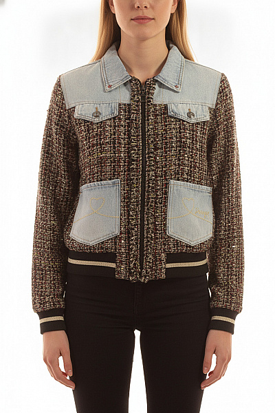 DESIGUAL Dámská Bunda Bomber Tvídová Denimová Lesklá Krátká Velikost 34