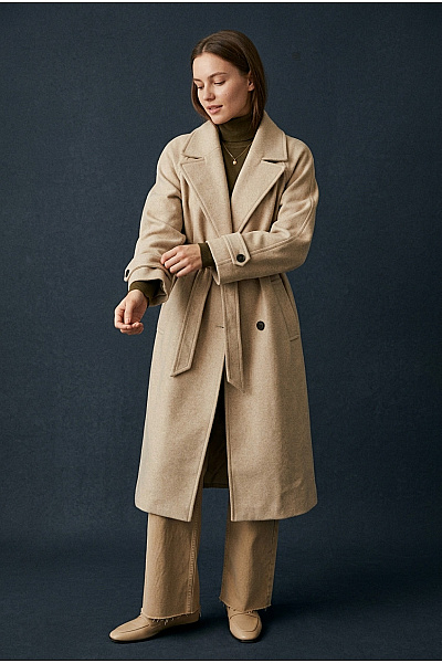 Bershka Béžový Dlouhý Elegantní Kabát S Páskem Vel. XS