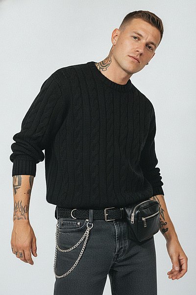 URBAN CLASSICS Černý Pletený Copánkový Pulovr Crop Vel. S