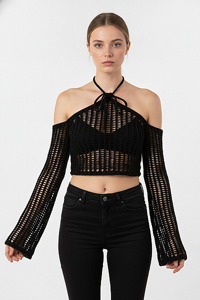 REVIEW Dámský černý Ažurový Crop Svetr S Dlouhým Rukávem Velikost XS