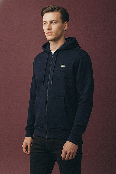 LACOSTE Pánská Bavlněná Mikina S Kapucí Na Zip Jednobarevná Vel. EU L