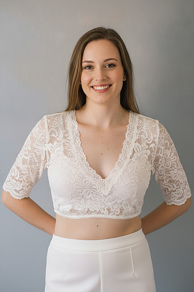 MARJO Dámské Tričko S Krátkým Rukávem Bílé Krajkové Crop Top Vel. 38