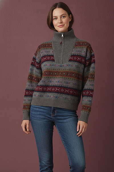 Ralph Lauren Dámský Vlněný Svetr Norský Vzor šedý Na Zip Velikost EU L