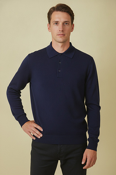 MAX TONSO CASHMERE Pánský Bavlněný Svetr S Límečkem Modrý Vel. L