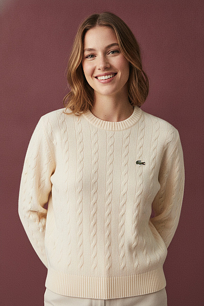 LACOSTE Dámský Bavlněný Svetr Copánkový Vzor Béžový Velikost EU S