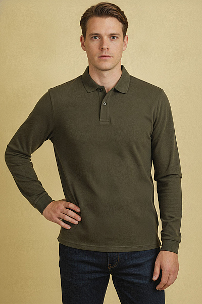 LAWRENCE GREY Pánské Bavlněné Polo Tričko S Dlouhým Rukávem Khaki Velikost L