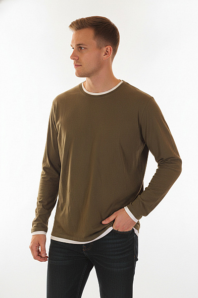 Eight2Nine Pánské Tričko S Dlouhým Rukávem Khaki Jednobarevné Basic Vel. XXL
