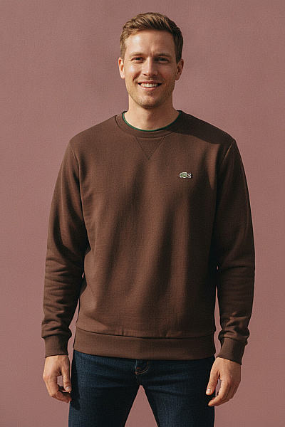 LACOSTE Pánská Hnědá Mikina S Dlouhým Rukávem Bavlněná Jednobarevná Crewneck Velikost 3xl