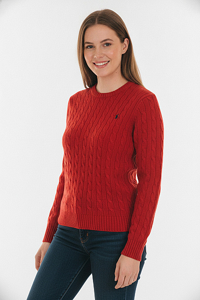 Ralph Lauren Dámský červený Pletený Svetr S Copánkovým Vzorem Velikost EU L
