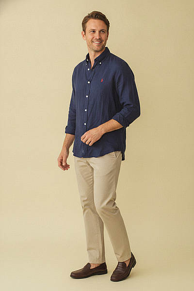 Ralph Lauren Pánské Lněné Košile S Dlouhým Rukávem Ležérní Modré Velikost EU L