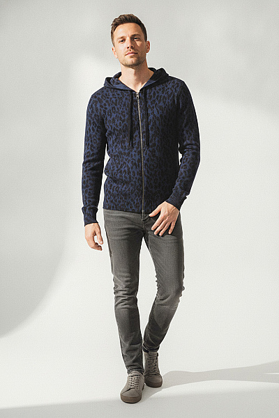 Zadig&Voltaire Deluxe Pánská Kašmírová Mikina S Kapucí Na Zip Modrá Leopardí Vzor Vel. EU XS