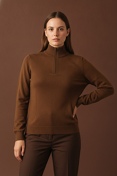 Hugo Boss Dámský Hnědý Pletený Pulovr Se Stojáčkem Na Zip Velikost L