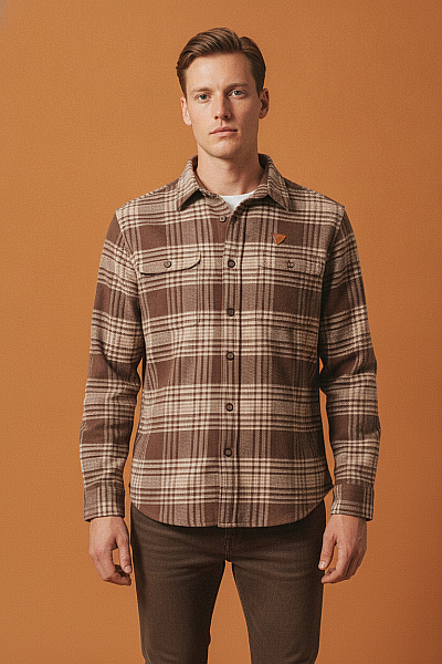 Guess Pánská Hnědá Kostkovaná Košile S Dlouhým Rukávem Regular Fit Velikost S