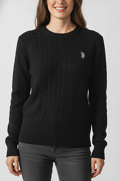 U.S.POLO ASSN. Dámský černý Pletený Svetr S Copánkovým Vzorem Velikost EU M