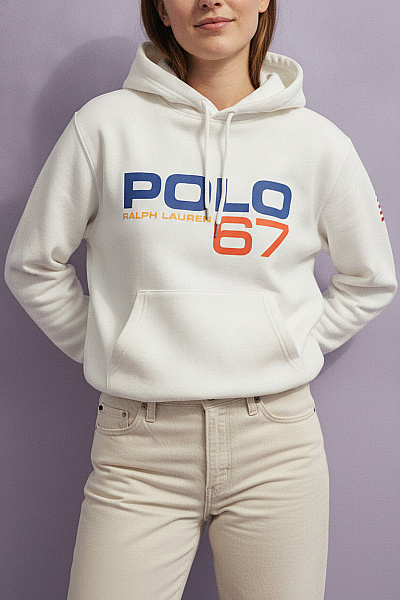 Ralph Lauren Dámská Mikina S Kapucí A Potiskem Přes Hlavu Bílá Velikost EU M