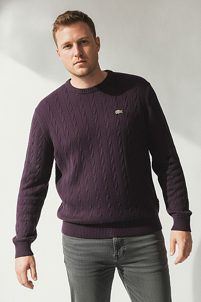LACOSTE Fialový Vlněný Pulovr S Copánkovým Vzorem Velikost XXL
