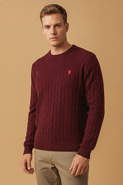 POLO CLUB Pánský Pletený Svetr Copánkový Vzor červený Vel. XL