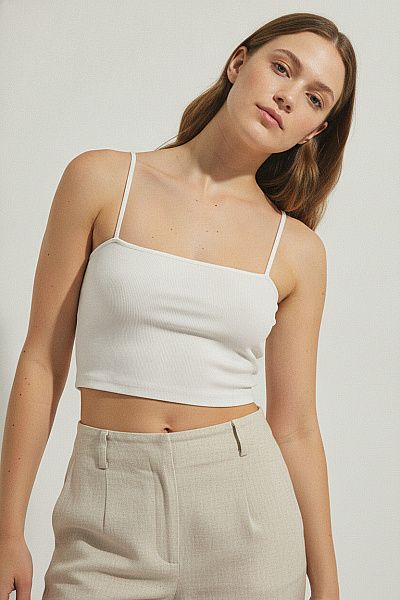 REVIEW Bílé Bavlněné Crop Top Tílko Basic Velikost EU L