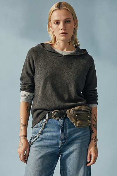 Hoodiebuddie Dámský Hnědý Pletený Pulovr S Kapucí Velikost L