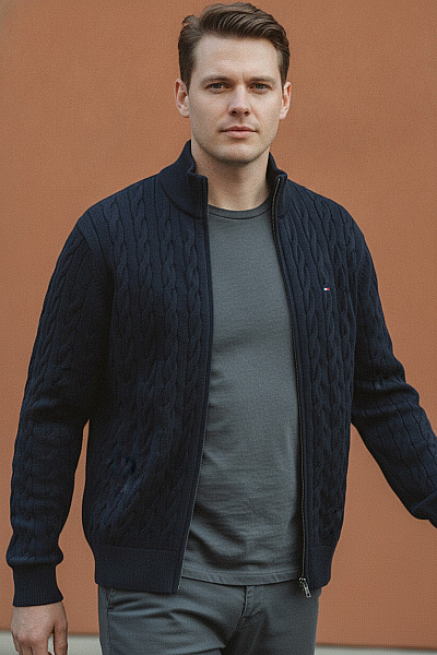 TOMMY HILFIGER Pánská Bavlněná Mikina Na Zip Se Stojáčkem Tmavě Modrá Velikost EU L
