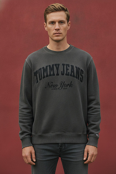 TOMMY HILFIGER Pánská Bavlněná Mikina Crewneck S Potiskem A Výšivkou Khaki Vel. EU XXL
