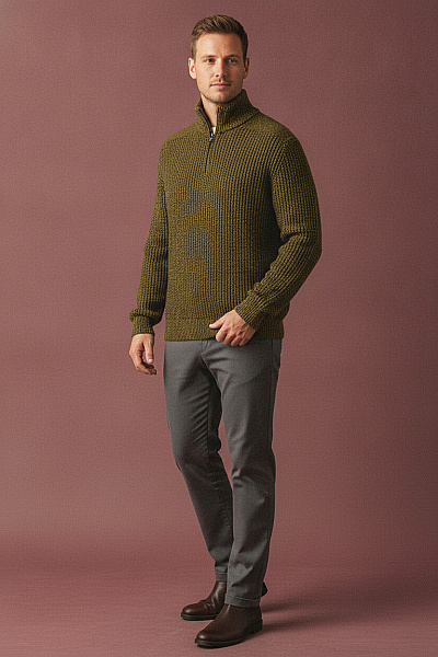 Hugo Boss Pánský Khaki Pletený Pulovr Na Zip Se Stojáčkem Vel. L