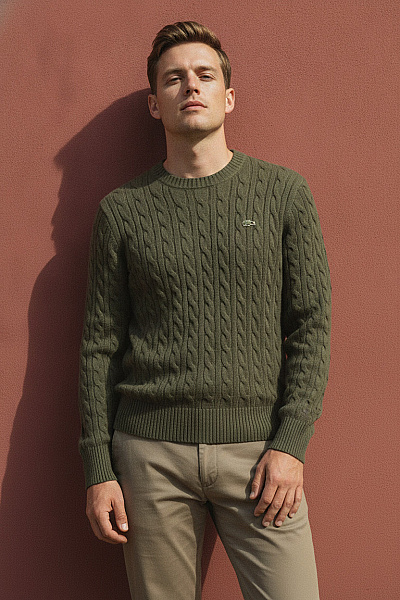 LACOSTE Pánský Khaki Pletený Pulovr S Copánkovým Vzorem Velikost L