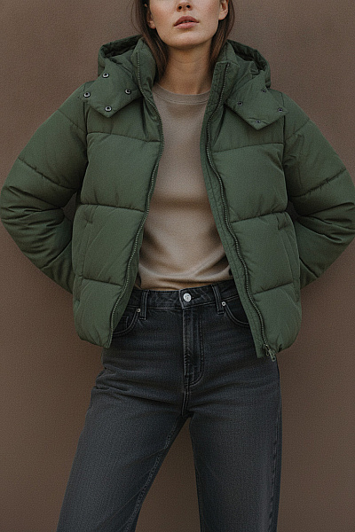 VILA Dámská Khaki Prošívaná Puffer Bunda S Kapucí Velikost 40