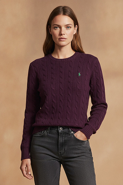 Ralph Lauren Fialový Vlněný Pulovr S Copánkovým Vzorem Vel. S