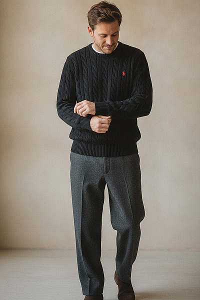 Ralph Lauren Černý Bavlněný Copánkový Pulovr S Dlouhým Rukávem Velikost L