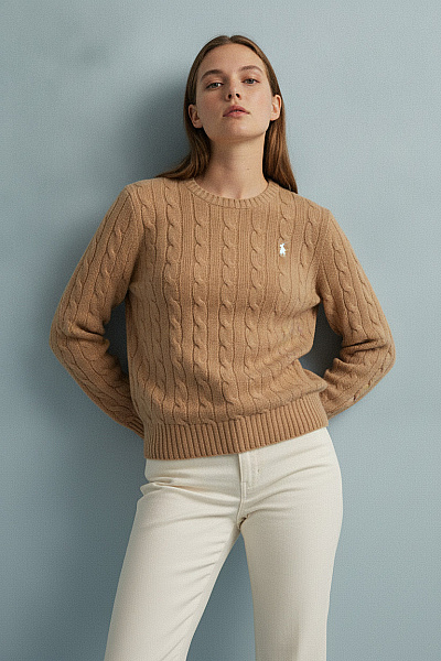Ralph Lauren Hnědý Vlněný Pulovr S Copánkovým Vzorem Vel. XS