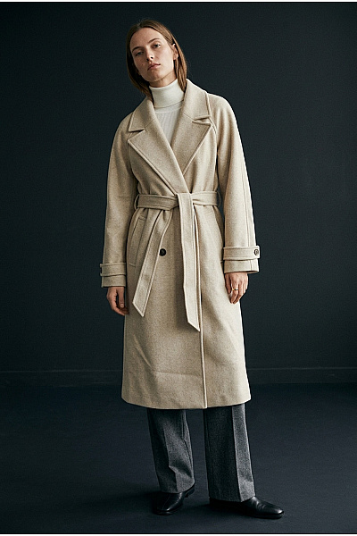 Bershka Béžový Dlouhý Elegantní Zavinovací Kabát S Páskem Vel. XS