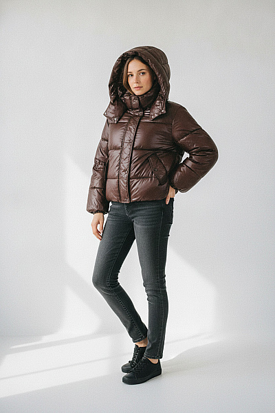 Bershka Hnědá Lesklá Prošívaná Puffer Bunda S Kapucí Vel. M