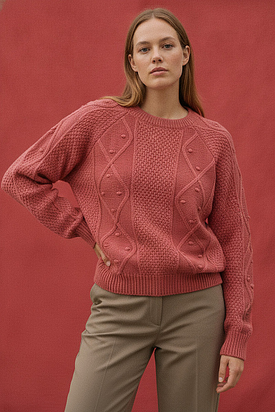 Červený Pletený Oversized Pulovr S Copánkovým Vzorem Vel. 36