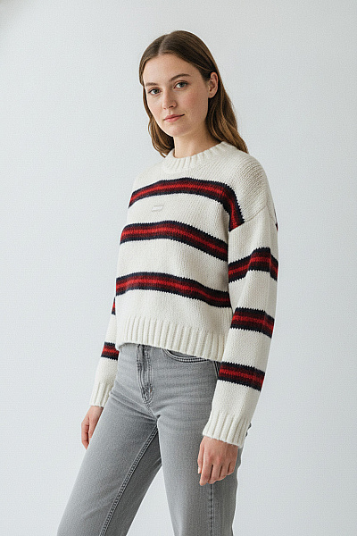 TOMMY HILFIGER Bílý Pruhovaný Crop Pulovr Se Stojáčkem Vel. EU L