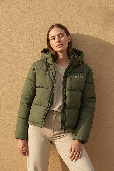 TOMMY HILFIGER Dámská Khaki Prošívaná Puffer Bunda S Kapucí Vel. EU XS