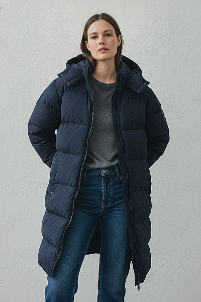TOMMY HILFIGER Černá Dlouhá Prošívaná Zimní Bunda S Kapucí Puffer Velikost EU L
