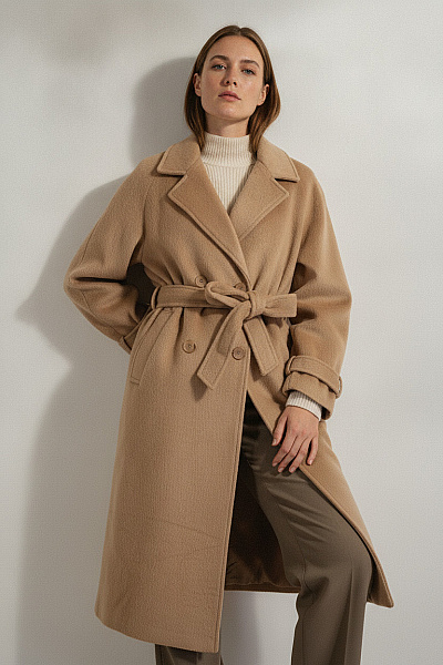 LeGer By Lena Gercke Béžový Dlouhý Elegantní Zavinovací Kabát S Páskem Vel. EU 36