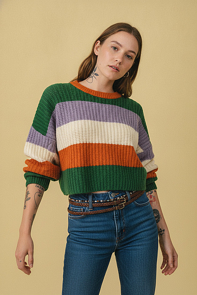 SHADE Barevný Pruhovaný Crop Pulovr Pletený Vel. XXL