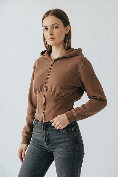 Guess Hnědá Bavlněná Crop Mikina Na Zip S Kapucí Velikost EU S