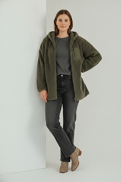 ONLY Dámský Khaki Teddy Kabát S Kapucí Na Zip Oversized Vel. L/xl