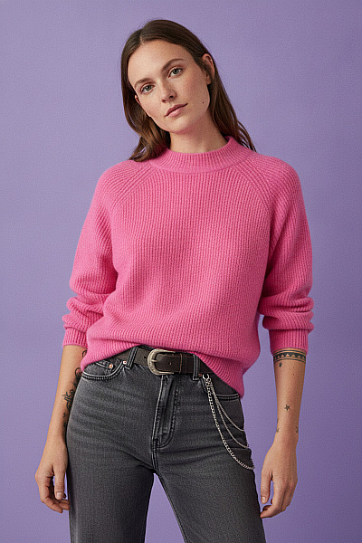 VERO MODA Růžový Pletený Pulovr Se Stojáčkem A Balonovými Rukávy Vel. EU M