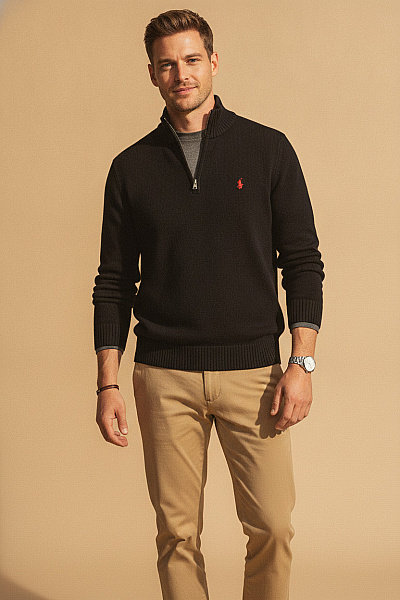 Ralph Lauren Pánský černý Pletený Pulovr Se Stojáčkem Na Zip Vel. EU XL