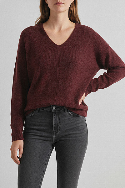VERO MODA Dámský Vínový Pletený Pulovr S Výstřihem Do V Velikost EU M