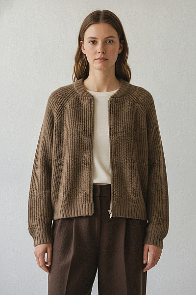 Dámský Khaki Pletený Kardigan Na Zip Crop Vel. 38