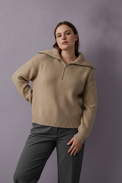 Béžový Vlněný Pulovr Na Zip Oversized Velikost 36
