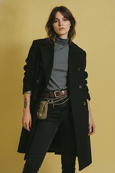 MANGO Černý Dvouřadý Dlouhý Elegantní Kabát Velikost Xs