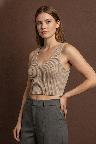 Dámské Béžové Tílko Crop Top Bez Rukávů Vel. M