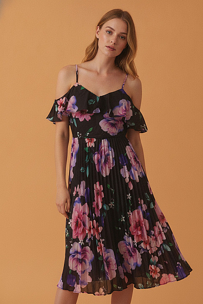 Boohoo Dámské šaty Na Ramínka Květované Midi Plisované Letní Velikost EU 38