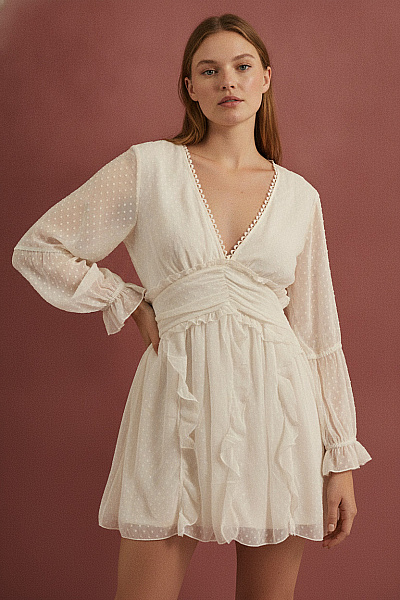Boohoo Dámské šaty S Dlouhým Rukávem Puntíkované Boho Vel. 46